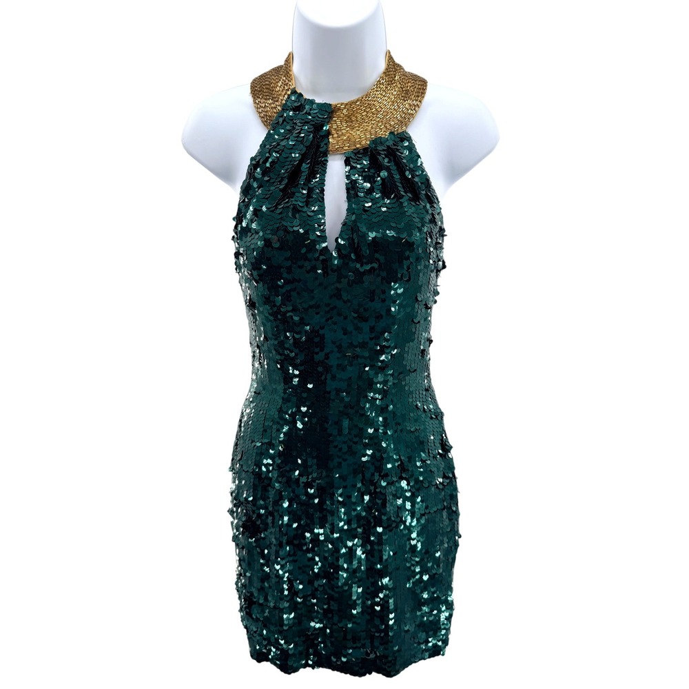 VTG 100% Silk Green Sequin Keyhole Cocktail Dress Open Back Gold Bead Neck 2